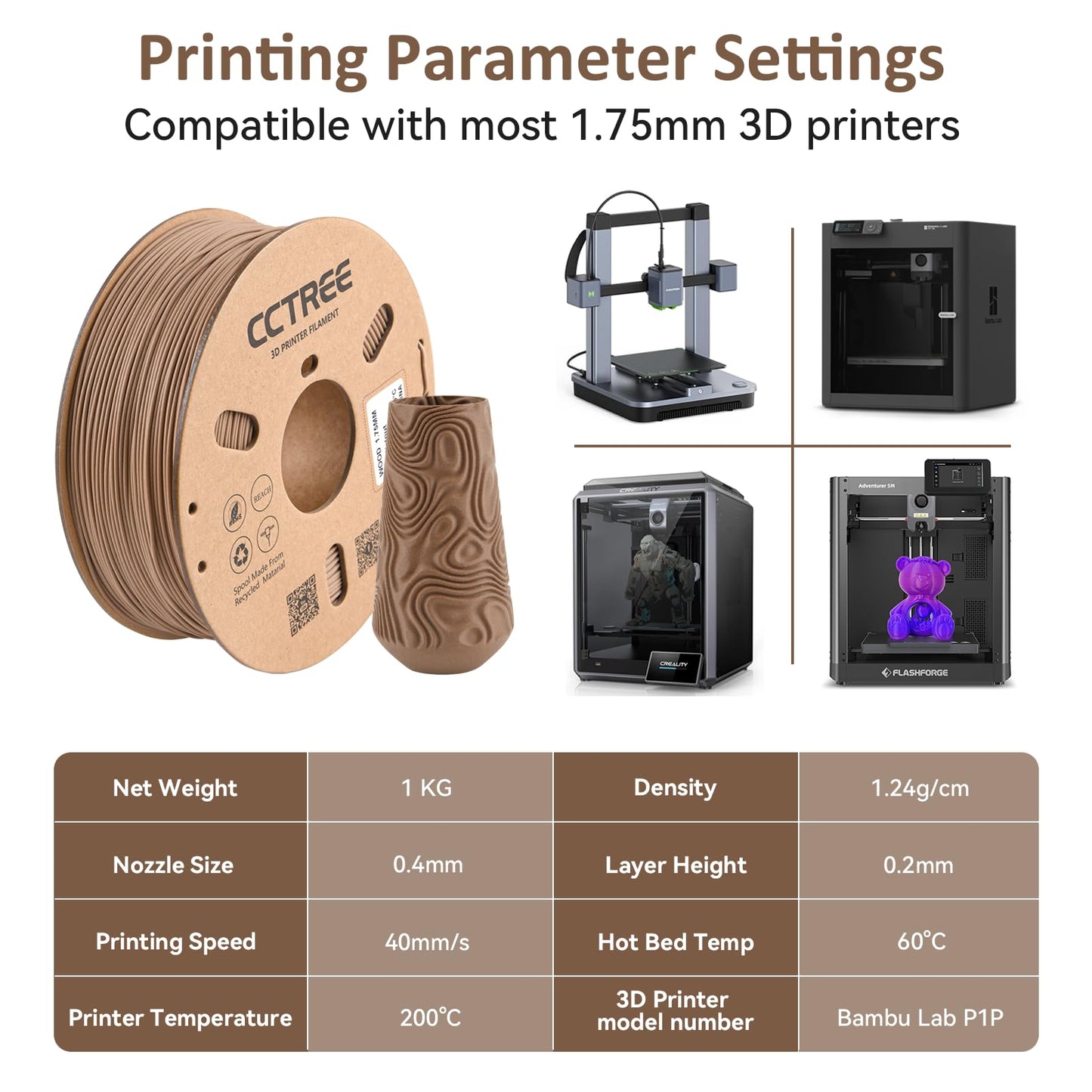 CCTREE Wood PLA Filament 1.75mm, 3D Printer PLA Plus(PLA+) with Real Wood Fiber Wood Texture Filament, Dimensional Accuracy +/- 0.02mm, 1kg Spool(2.2lbs), Fit Most FDM 3D Printers, Wood Walnut