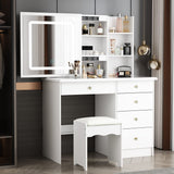 Homsee Vanity Desk Set Makeup Table with Large Sliding Lighted Mirror & Glass Top, Modern Dressing Table with Drawers, Storage Shelves & Stool for Bedroom, White Homsee