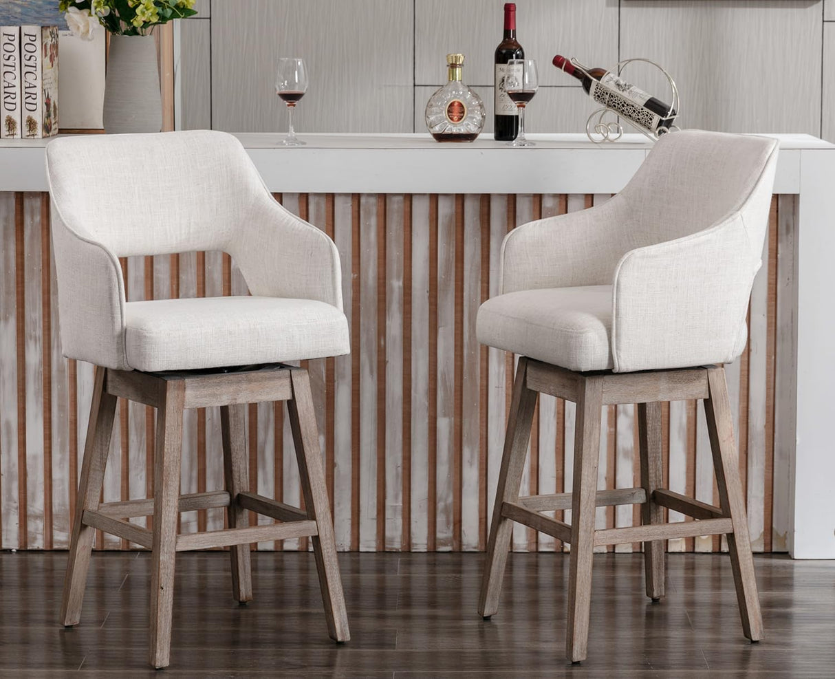 Kmax 28" Fabric Counter Height Bar Stools Swivel Farmhouse Bar Stools with Wood Legs Open Back Footrest for Kitchen Island, Set of 2- Cream Kmax
