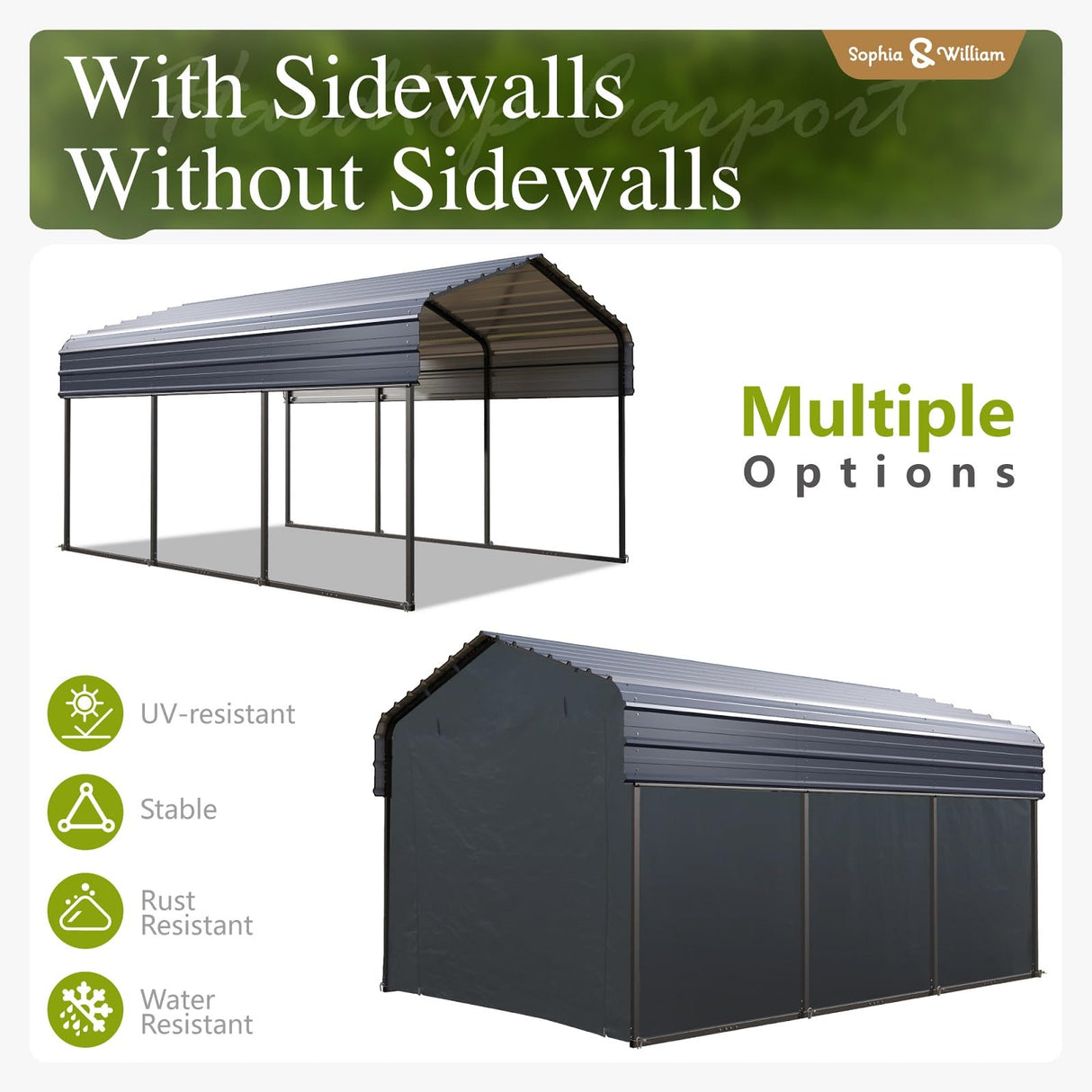 Carport Car Port Metal Canopy 10x15 ft Heavy Duty for Snow, Portable Garage Kit Shed Tent Shelter Metal Frame All Weather Outdoor for Boat with Removable Sidewalls, Dark Grey, Sophia & William Sophia & William