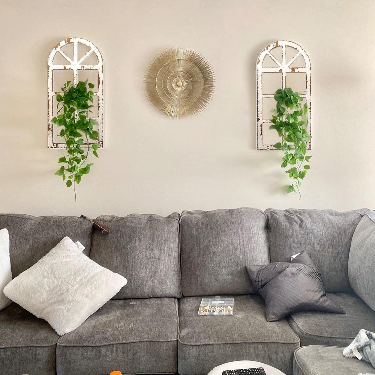 H&A Arch Window Frames Wall Decor 2 Pack - Rustic White Wood Window Pane Country Farmhouse Decorations (white) H&A