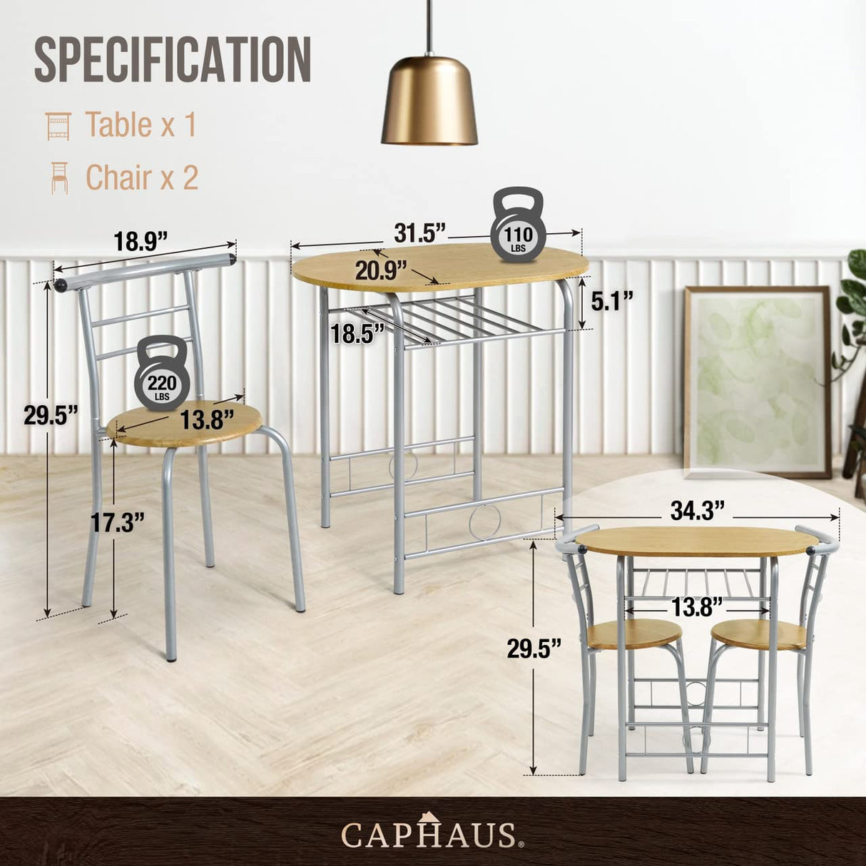 CAPHAUS 3 Pieces Dining Set for 2, Small Kitchen, Dining Room Table Set w/Steel Frame, 3 Pieces Patio Set w/Wine Rack, Small Dining Table Set for 2, Outdoor Dining Round Table Set, Natural Oak CAPHAUS