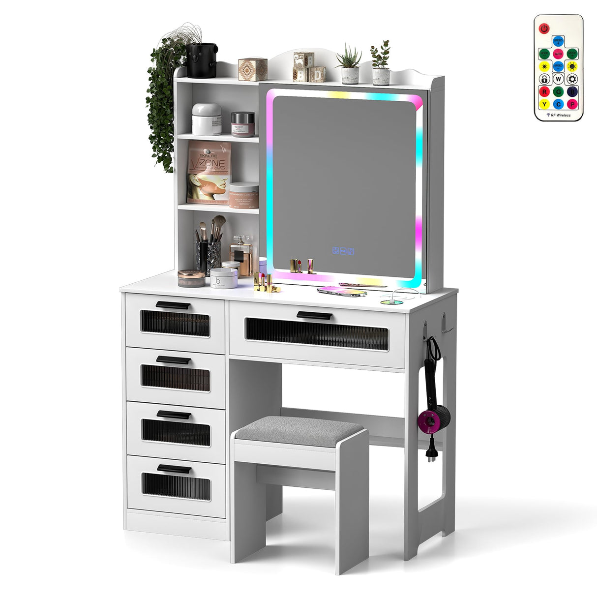 SumKea RGB LED Vanity Desk, Makeup Vanity Table with Mirror and Lights, Vanities Dressing Table with Drawers, Cushioned Stool, White SumKea