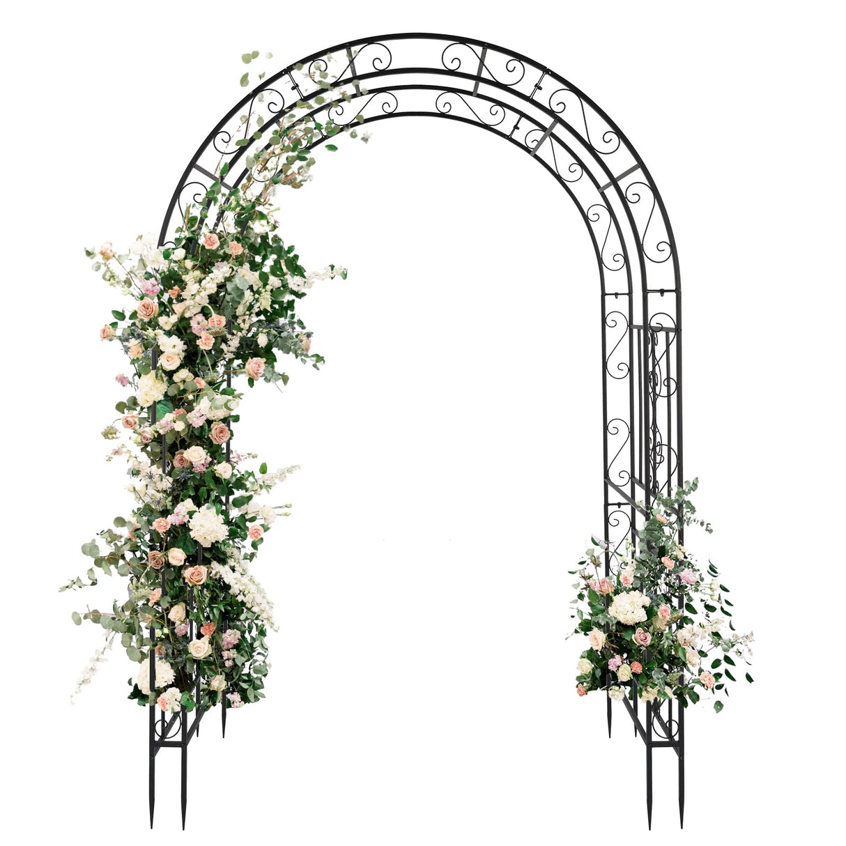 Outvita 7FT Garden Arch Arbor, Heavy Duty Metal Arbour Archway, Decorative Frame Stand Trellis with 7 Inch Ground Stakes for Wedding Ceremony Party Plant Climbing Rose Vines Lawn Courtyard Patio Black Outvita