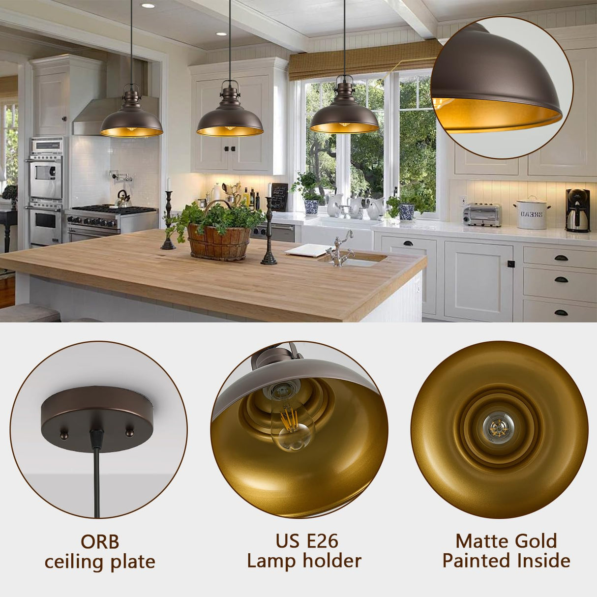 Refice 3 Packs Farmhouse Pendant Lights, Oil Rubbed Bronze Pendant Lighting, lsland Pendant Lights for Kitchen lsland lndustrial Adjustable Height Dome Hanging Lights for Barn, Dining Room Refice