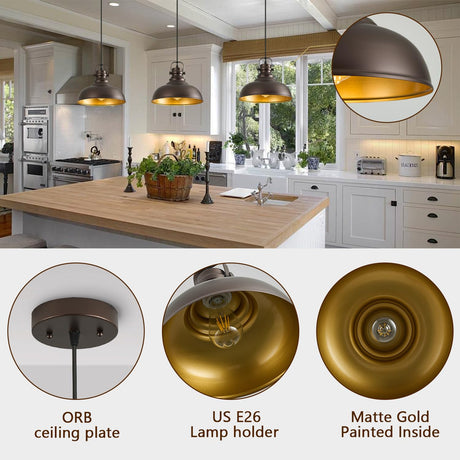 Refice 3 Packs Farmhouse Pendant Lights, Oil Rubbed Bronze Pendant Lighting, lsland Pendant Lights for Kitchen lsland lndustrial Adjustable Height Dome Hanging Lights for Barn, Dining Room Refice