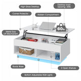 LED Coffee Table for Living Room Lift Top Coffee Tables with Storage Morden High Gloss 4 Tiers White Tea Table Center Tables Sofa Hidden Compartment & 2 Open Shelve HOMMPA