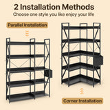 Gizoon 5 Tier Industrial Bookshelf, 65" H Reversible Corner Bookshelf, Bookcase, Freestanding Display Shelf, with 4 Hooks, a Storage Basket, Metal Frame, for Living Room, Kitchen, Office, Black Gizoon