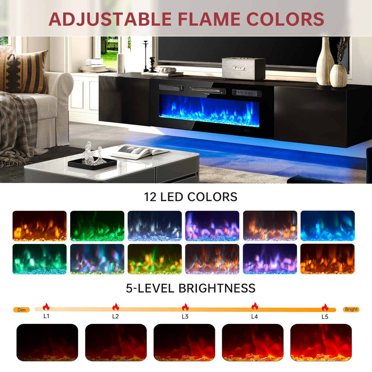 oneinmil 70" Floating TV Stand with 36" Electric Fireplace, Wall Mounted Fireplace Entertainment Center with Storage, Fire Place TV Console with, All Black oneinmil