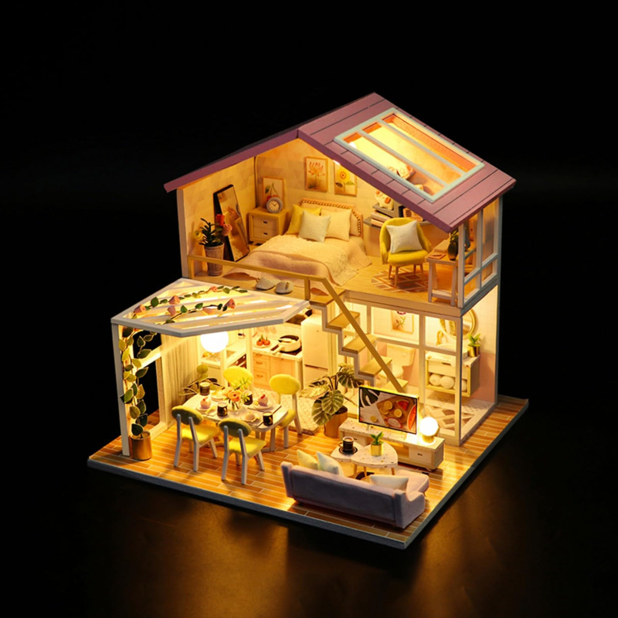 YSWOOD WORLD DIY Miniature House Kit, Tiny House Kit with Furniture & LED, DIY Wooden Dollhouse Miniature Kit for Adults Teen, Wooden Crafts Lovely Dollhouse Kit, Home Decor - Sweet Time YSWOOD WORLD