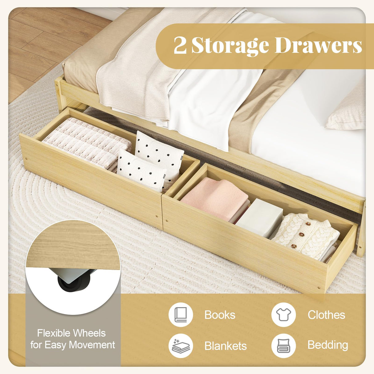 Giantex Twin Bed Frame with 2 Storage Drawers, Solid Wood Platform Bed with Slats Support, Heavy Duty Daybed with Storage, No Box Spring Needed, Twin Bed Frames for Kids Teens Adults Guests (Natural) Giantex