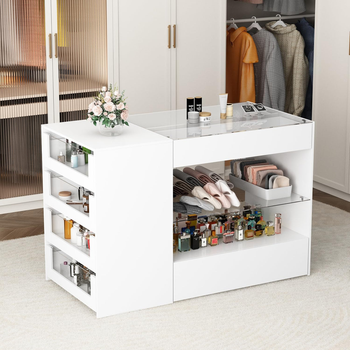 Elegant White Homsee Wardrobe Armoire with Glass Top and 6 Drawers for Stylish Storage Homsee