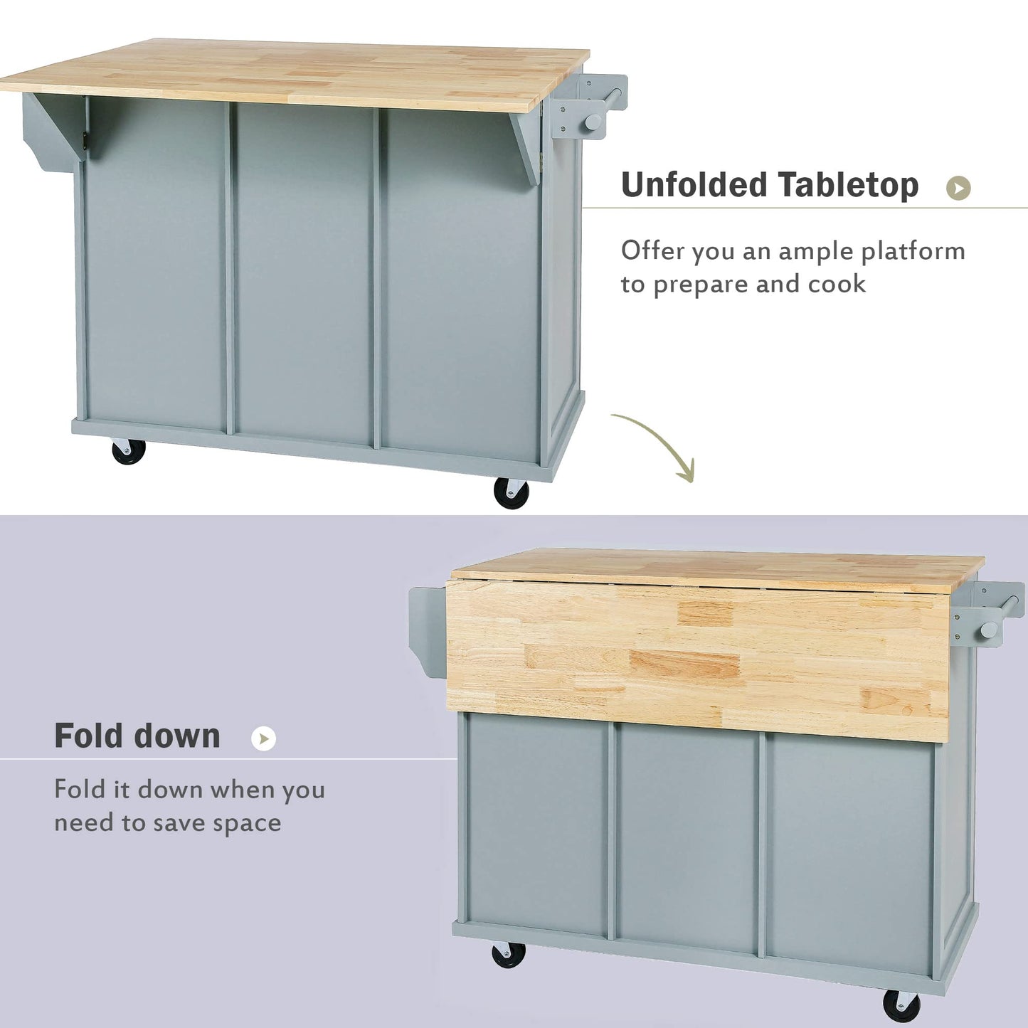 MEETFAV Rolling Kitchen Island Cart with Storage, Moveable Kitchen Island with Drop Leaf, Portable Kitchen Storage Islands & Carts with Drawers and Shelves for Dinning Room, Grey Blue - WoodArtSupply