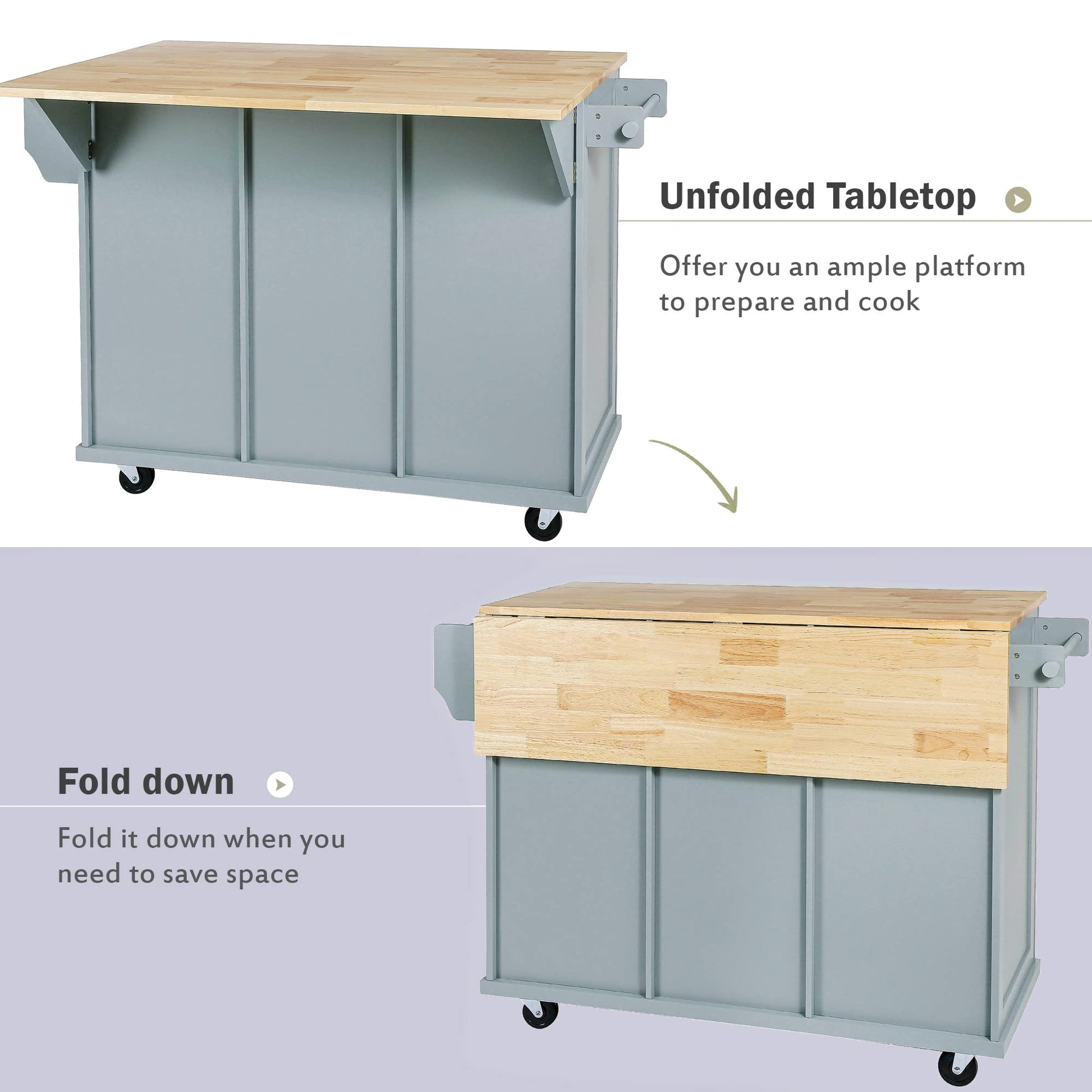 Rockingrun Blue Kitchen Cart with Drop-Leaf Rubber Wood Countertop, 5 Wheels, Storage Cabinets & Drawers - WoodArtSupply