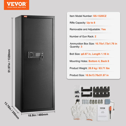 VEVOR 6-8 Rifles Gun Safe, Rifle Safe with Lock & Digital Keypad, Quick Access Tall Gun Storage Cabinet with Removable Shelf, Rifle Cabinet for Home Rifle and Shotguns