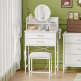 Fixwal White Small Vanity Desk Set with Lighted Mirror and Chair, Makeup Dresser with 2 Fabric Drawers, Power Outlet, Compact Table with Cushioned Stool for Bedroom Small Space Fixwal