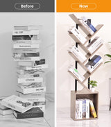 YSVCO Tree Bookshelf Bookcase with Storage Cabinet, 7-Tier Modern Corner Bookshelves, Narrow Wood Book Rack, Mini Floor Standing Book Organizer for Kid Room, Bedroom, Living Room, Home Office, CD/DVD YSVCO