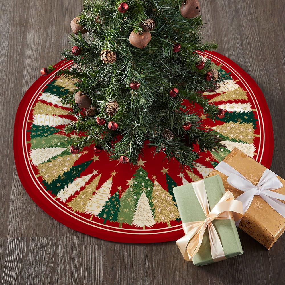 CROWNED BEAUTY Christmas Tree Skirt Collar 48 Inch Xmas Pine Trees Soft Farmhouse Holiday Decoration (Red & Green) CROWNED BEAUTY