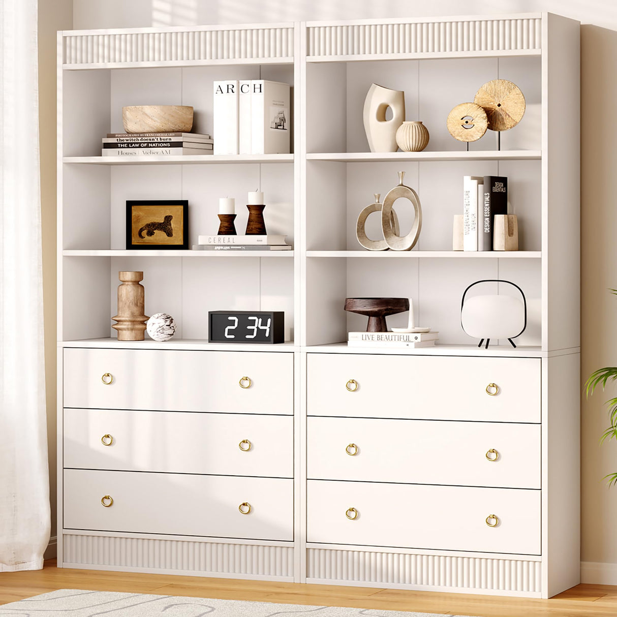 GarveeHome Bookshelf with Drawers 70.8" Fluted Bookcase, White Bookshelf 6 Tier Bookcase with Storage, Tall Book Shelf with Waved Design, Storage Cabinet with Open Shelf for Living Room Office GarveeHome