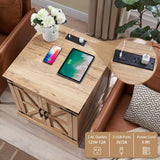 Barnyatoh Farmhouse Boho End Table with Charging Station, 24" Large Side Table with Rattan Barn Door, Rustic Wood Square Nightstand Bedside Table with Storage for Living Room, Bedroom, Natural Barnyatoh