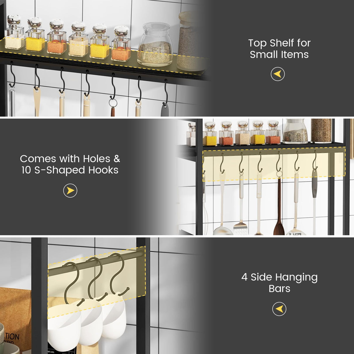 Giantex Bakers Rack with Power Outlets, 5-Tier Coffee Bar Table Organizer w/ 10 S-Shaped Hooks, 63" Large Microwave Stand, Kitchen Utility Storage Shelf for Dining Room, Living Room (Black) Giantex