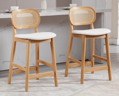 Shunzhi Rattan Counter Height Bar Stools Set of 2 Upholstered Farmhouse Barstools with Cane Back Boho Wood Kitchen Island Chairs Comfy Bar Chairs for Pub/Home Bar, Linen Beige
