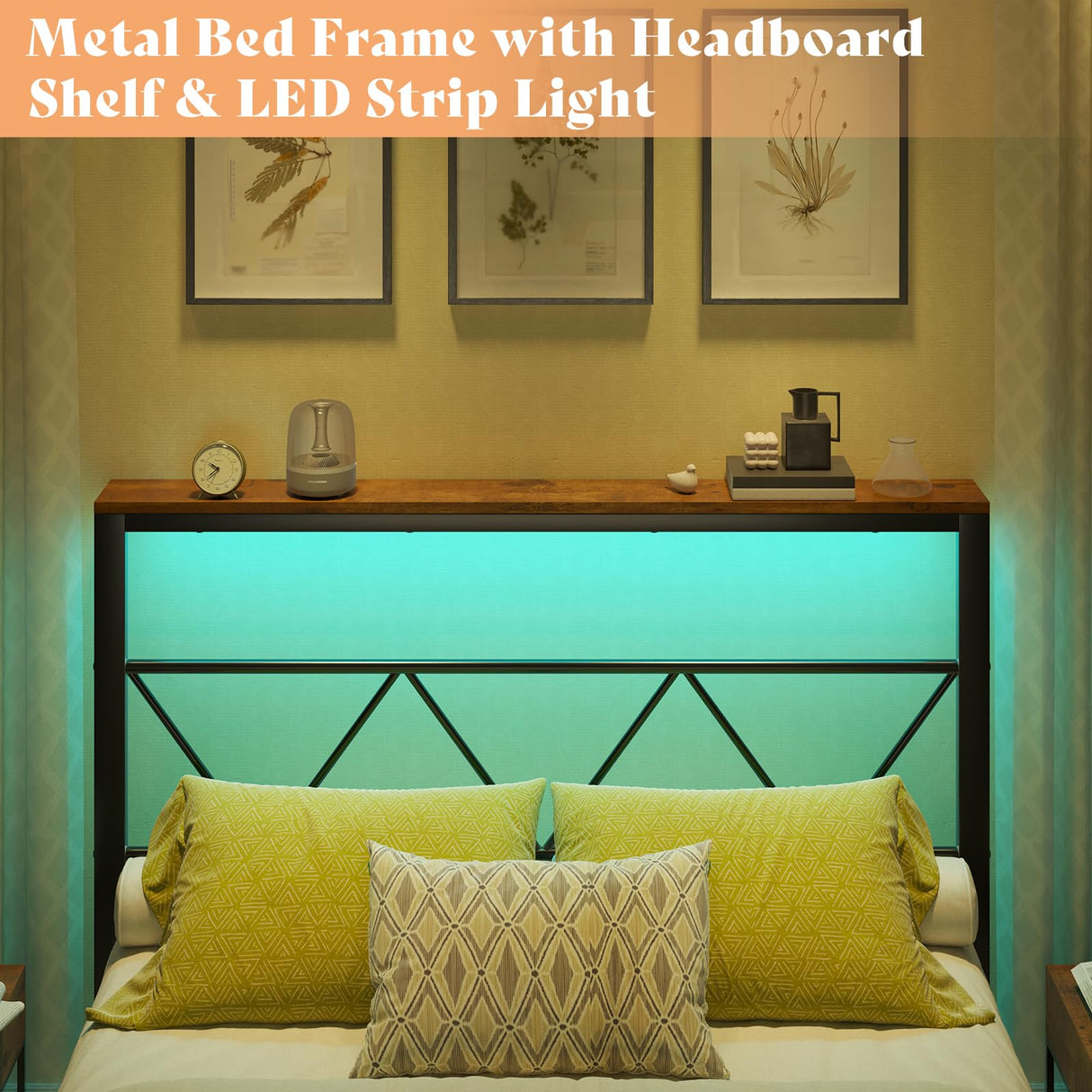 AMERLIFE Queen Size Metal Bed Frame with Headboard Shelf, Platform Bed Frame with LED Strip Light, 11" Underbed Height for Storage, Noise Free, No Box Spring Needed, Black AMERLIFE