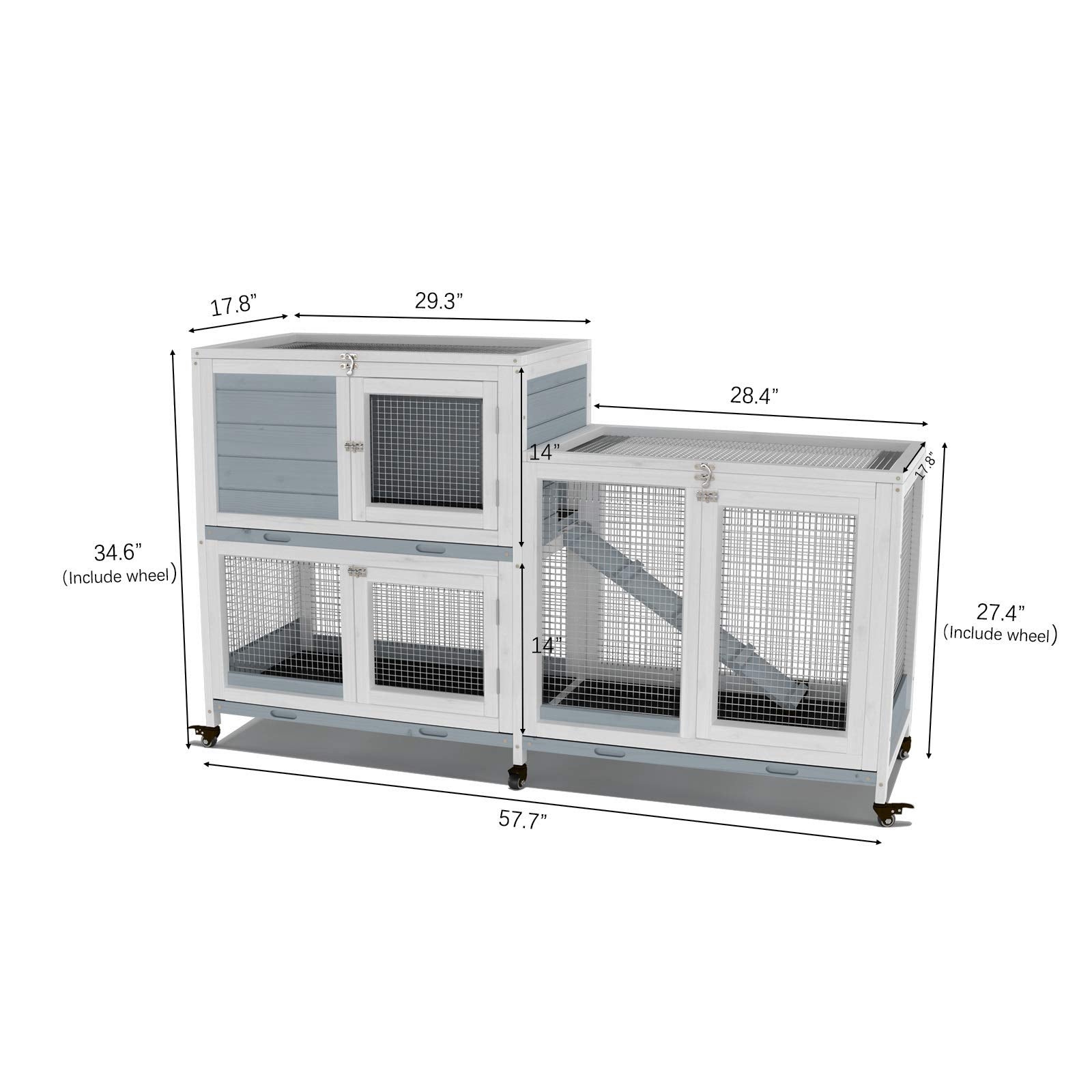 GDLF Two Floors 58" Wooden Indoor Bunny Hutch Rabbit Cage on Wheels Guinea Pig PET House for Small to Medium Animals Waterproof No Leak Tray - WoodArtSupply