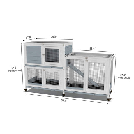 GDLF Two Floors 58" Wooden Indoor Bunny Hutch Rabbit Cage on Wheels Guinea Pig PET House for Small to Medium Animals Waterproof No Leak Tray GDLF