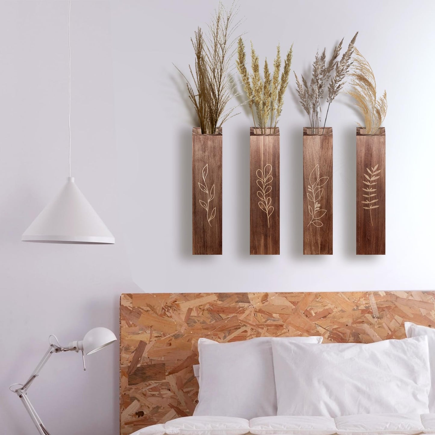 4 Pack Wood Indoor Wall Planter, Modern Wall Decor for Living Room Bedroom, Farmhouse Pocket Wall Vases for Dried Flowers and Faux Greenery Plants - Brown