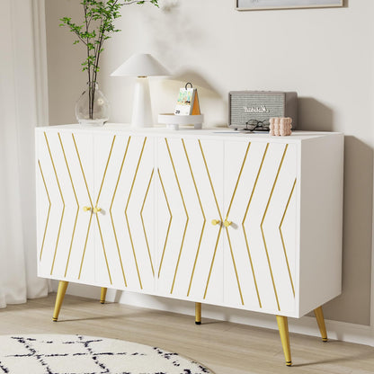 FABLISS 48" Sideboard Buffet Cabinet with Storage, White & Gold Lines Accent Storage Cabinet with 4 Doors, Modern Credenza for Living Room, Dining Room, Entryway, Hallway, Kitchen