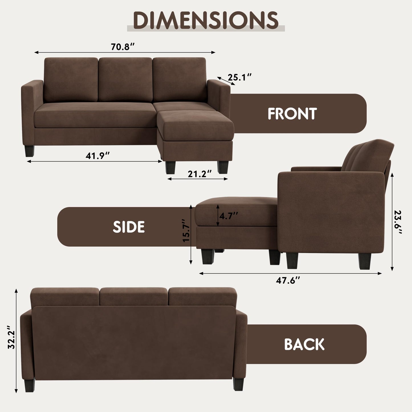 YESHOMY Convertible Sectional 3 L-Shaped Couch Soft Seat with Modern Linen Fabric, Small Space Sofas for Living Room, Apartment and Office, 70'', Brown