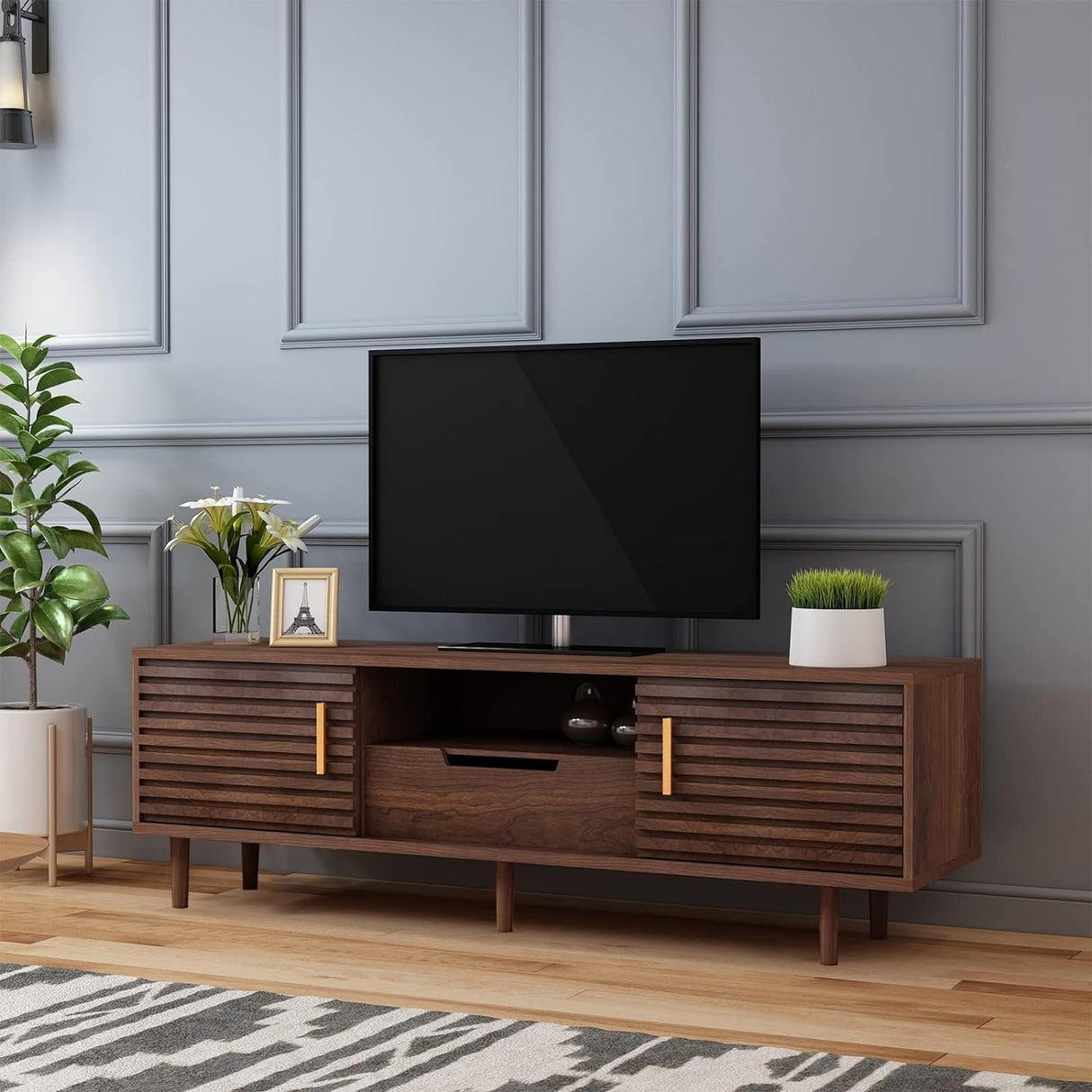 Mid-Century Modern TV Stand for TVs up to 65" Wood TV Console Media Cabinet with Drawer, Sliding Door Storage Cabinet, Open Shelf Home Entertainment Center for Living Room and Bedroom, Brown 59" Alohappy