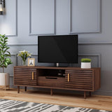 Mid-Century Modern TV Stand for TVs up to 65" Wood TV Console Media Cabinet with Drawer, Sliding Door Storage Cabinet, Open Shelf Home Entertainment Center for Living Room and Bedroom, Brown 59" Alohappy