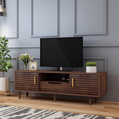 Mid-Century Modern TV Stand for TVs up to 65" Wood TV Console Media Cabinet with Drawer, Sliding Door Storage Cabinet, Open Shelf Home Entertainment Center for Living Room and Bedroom, Brown 59"