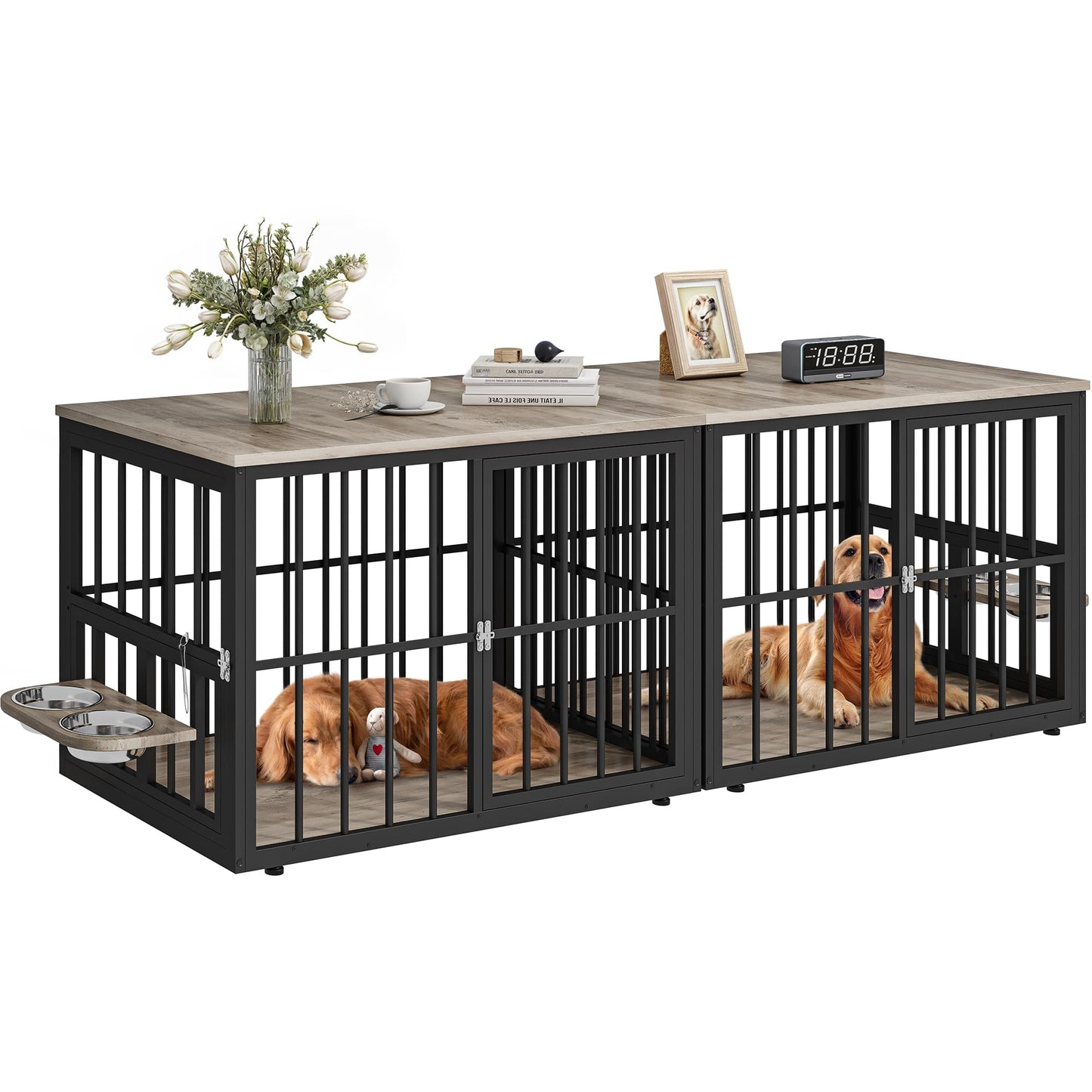 YITAHOME 88.6" Large Corner Dog Crate Furniture for 2 Dogs, 4 Combination Forms Wooden Dog Kennel with 360° rotatable Dog Bowls & 3 Doors,Dog Crate Furniture TV Stand for Medium Large Dog, Grey