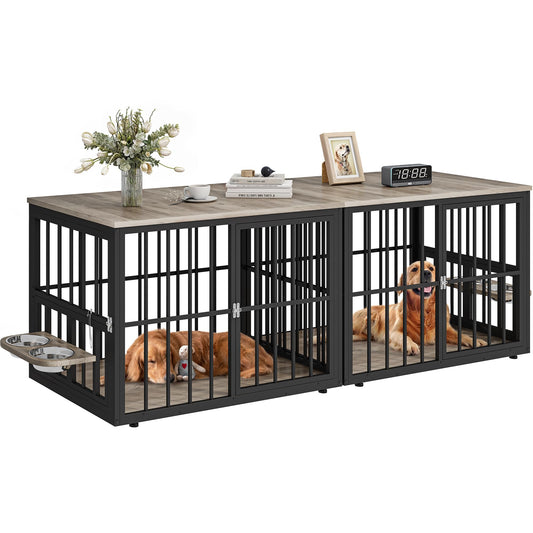 YITAHOME 88.6" Large Corner Dog Crate Furniture for 2 Dogs, 4 Combination Forms Wooden Dog Kennel with 360° rotatable Dog Bowls & 3 Doors,Dog Crate Furniture TV Stand for Medium Large Dog, Grey