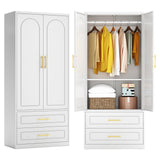 Kubohogar Metal Armoire Wardrobe Closet with 2 Drawers, 71" Tall Wardrobe Cabinet with Doors, Hanging Rod and Adjustable Shelves, White Clothing Storage Cabinets for Bedroom, Home Office Kubohogar