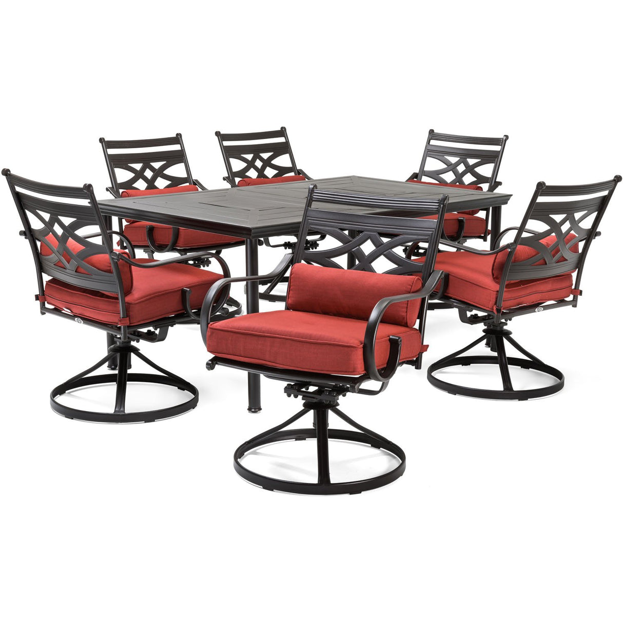Hanover Montclair 7-Piece Outdoor Dining Set with 6 Swivel Rockers, Chili Red Cushions and Stamped Steel Rectangular Dining Table, Patio Dining Set for 6, Premium All-Weather Patio Furniture for Deck Hanover