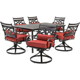 Hanover Montclair 7-Piece Outdoor Dining Set with 6 Swivel Rockers, Chili Red Cushions and Stamped Steel Rectangular Dining Table, Patio Dining Set for 6, Premium All-Weather Patio Furniture for Deck Hanover