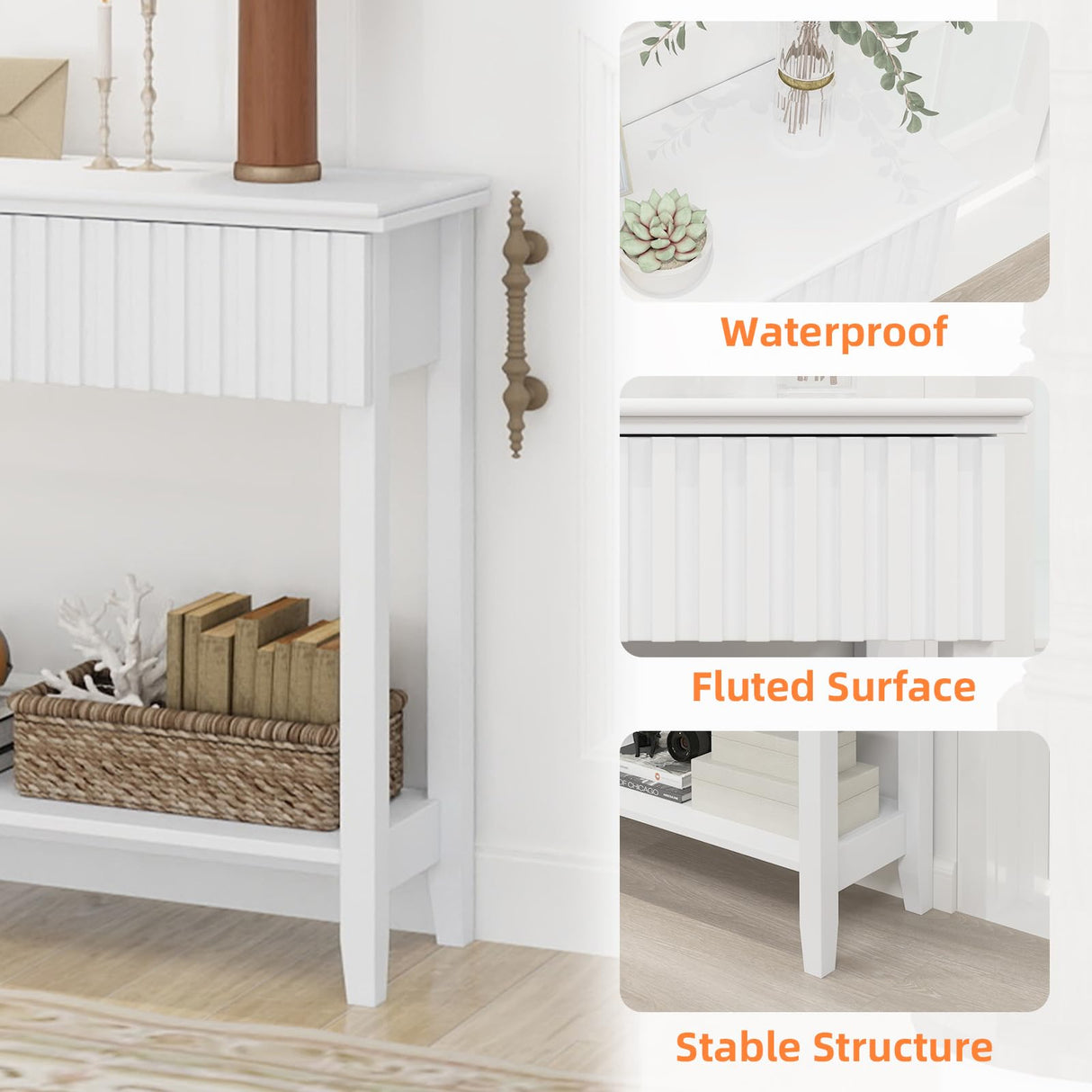 LAZZO Painted Wood Console Table Narrow Long Sofa Table Modern Behind Couch Table Fluted Entryway Table with 3 Drawers and Open Storage Shelf for Living Room, Foyer and Hallway White (White, 1 Tier) LAZZO