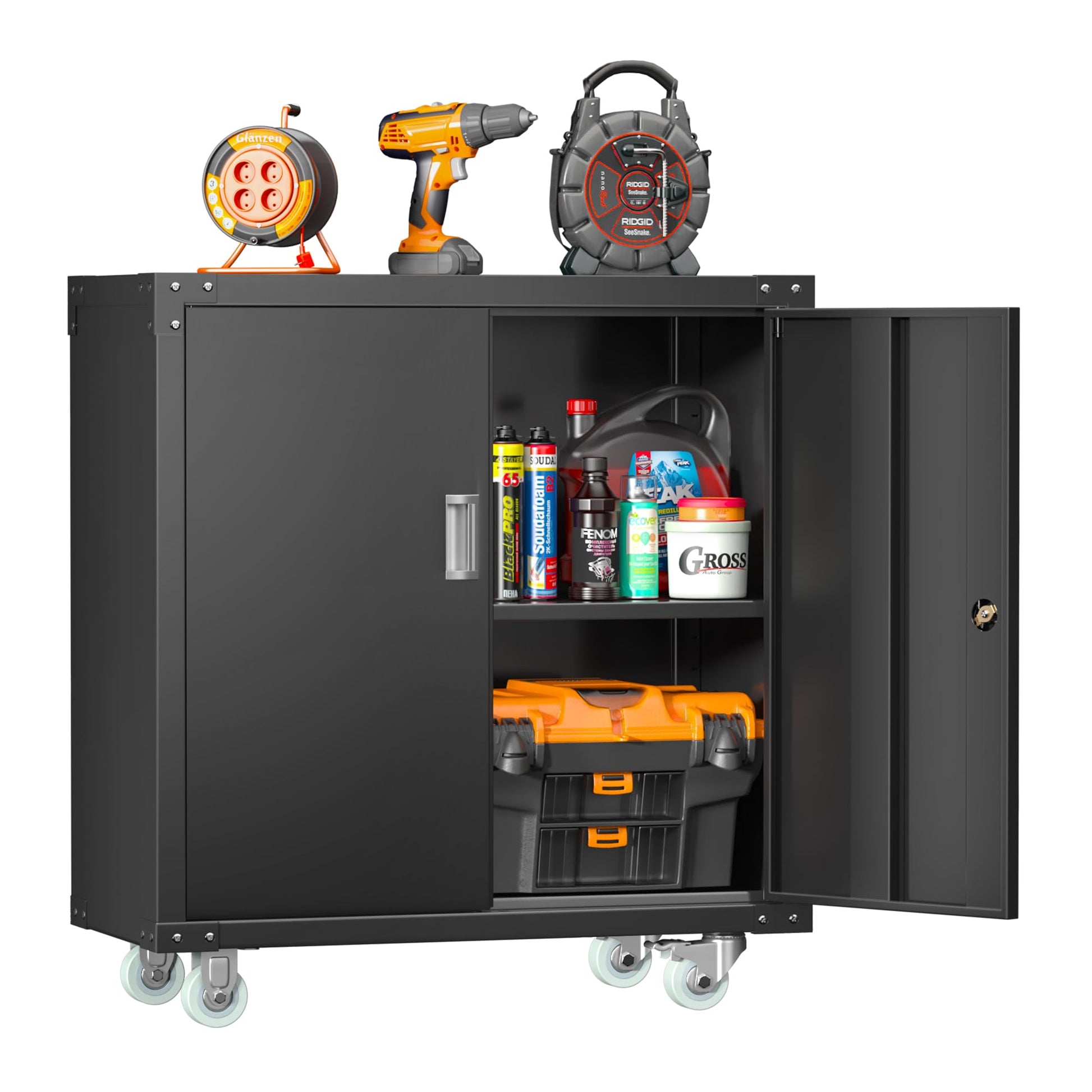 INTERGREAT Metal Garage Storage Cabinet, 36" H Tall Rolling Tool Cabinets with Lockable Doors and Adjustable Shelves, Heavy-Duty File Cabinet with Wheels for Garage,Home Office, Bathroom（Blac - WoodArtSupply