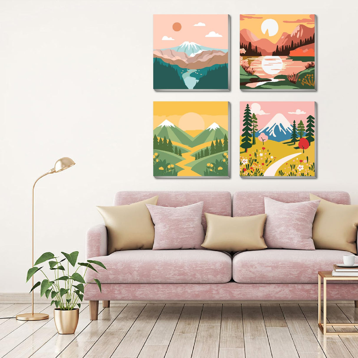 FQOVKYN 4 Packs Paint by Numbers Kit for Adults with Frame, DIY Landscape Adult's Paint by Number on Canvas, Mountain Oil Painting Kits for Home Wall Decor 8x8 Inch FQOVKYN