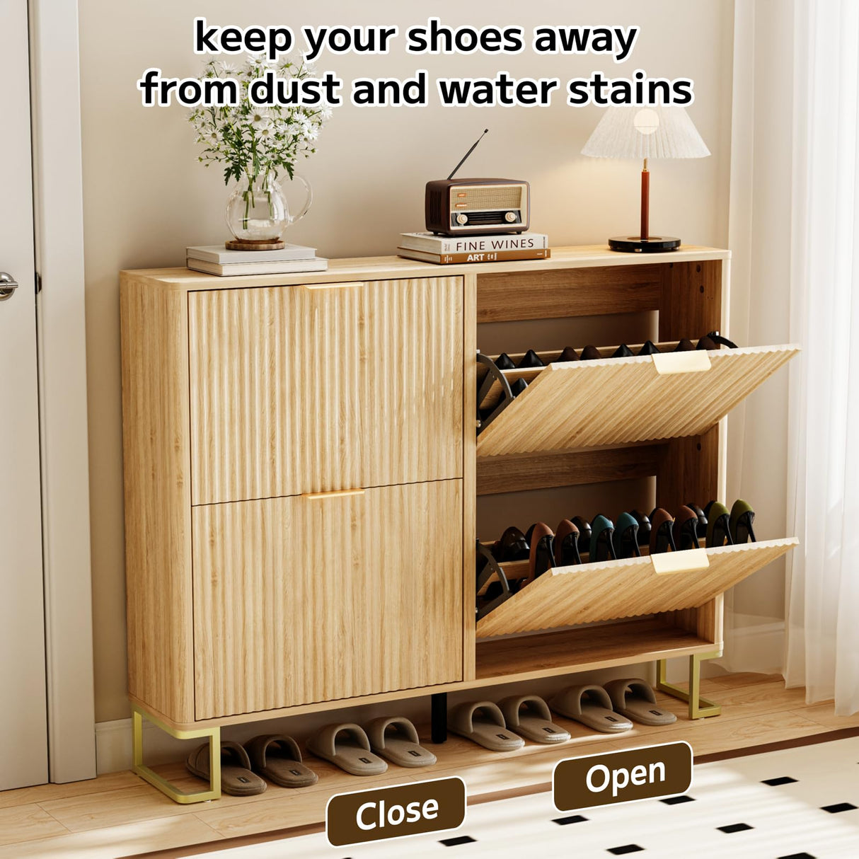 DAMCROP Fluted Shoe Cabinet Storage with 4 Flip Drawers, Wood Narrow Hidden Shoe Cabinet with Metal Legs & Adjustable Shelf for Entryway, Freestanding Slim Shoe Rack Organizer for Hallway Living Room DAMCROP