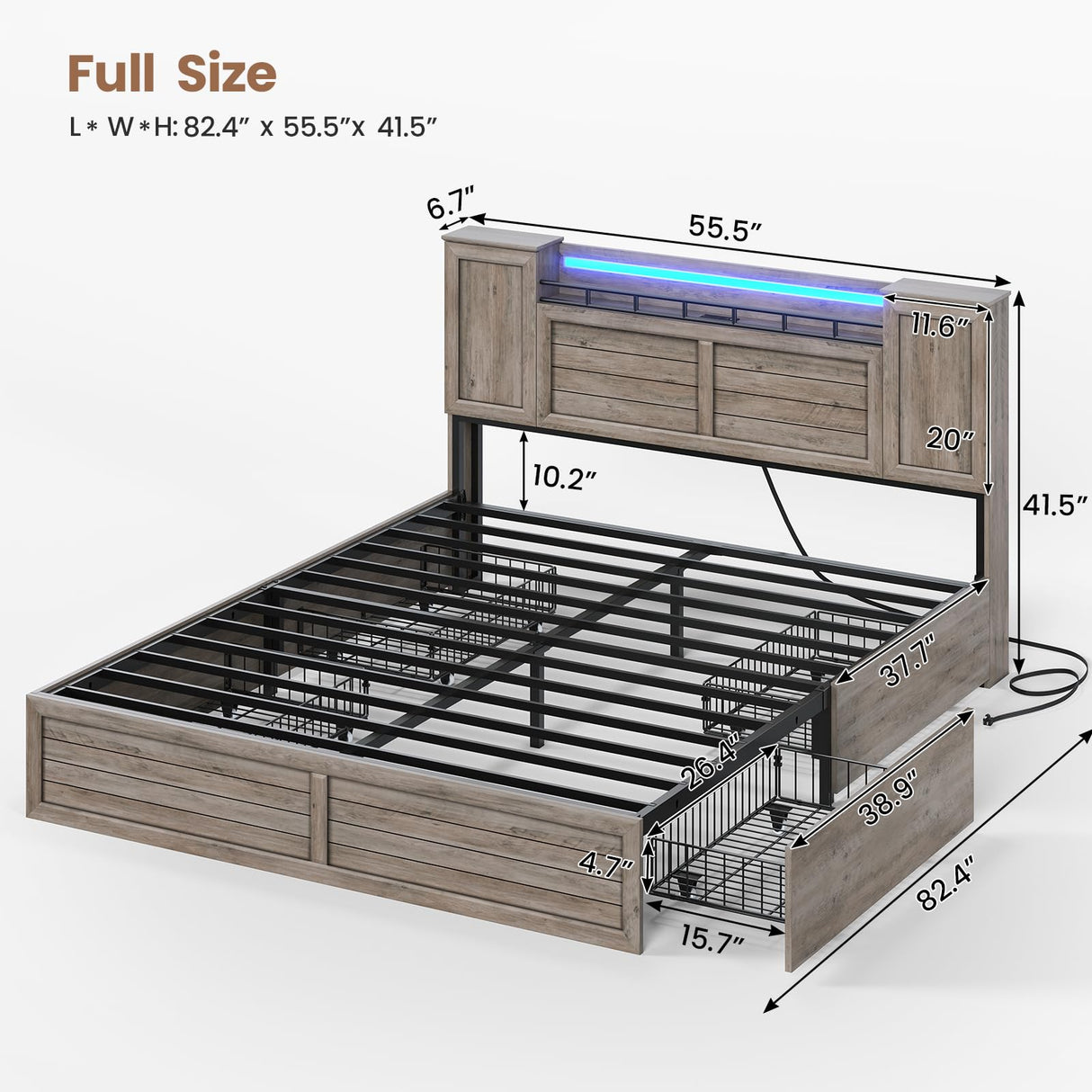 VIAGDO Farmhouse Full Size Bed Frame with Headboard and Double Barn Door Storage Cabinets, Rustic Wooden Bed Frame Full with Charging Station, 4 Drawers and LED Lights, No Box Spring Needed, Grey VIAGDO
