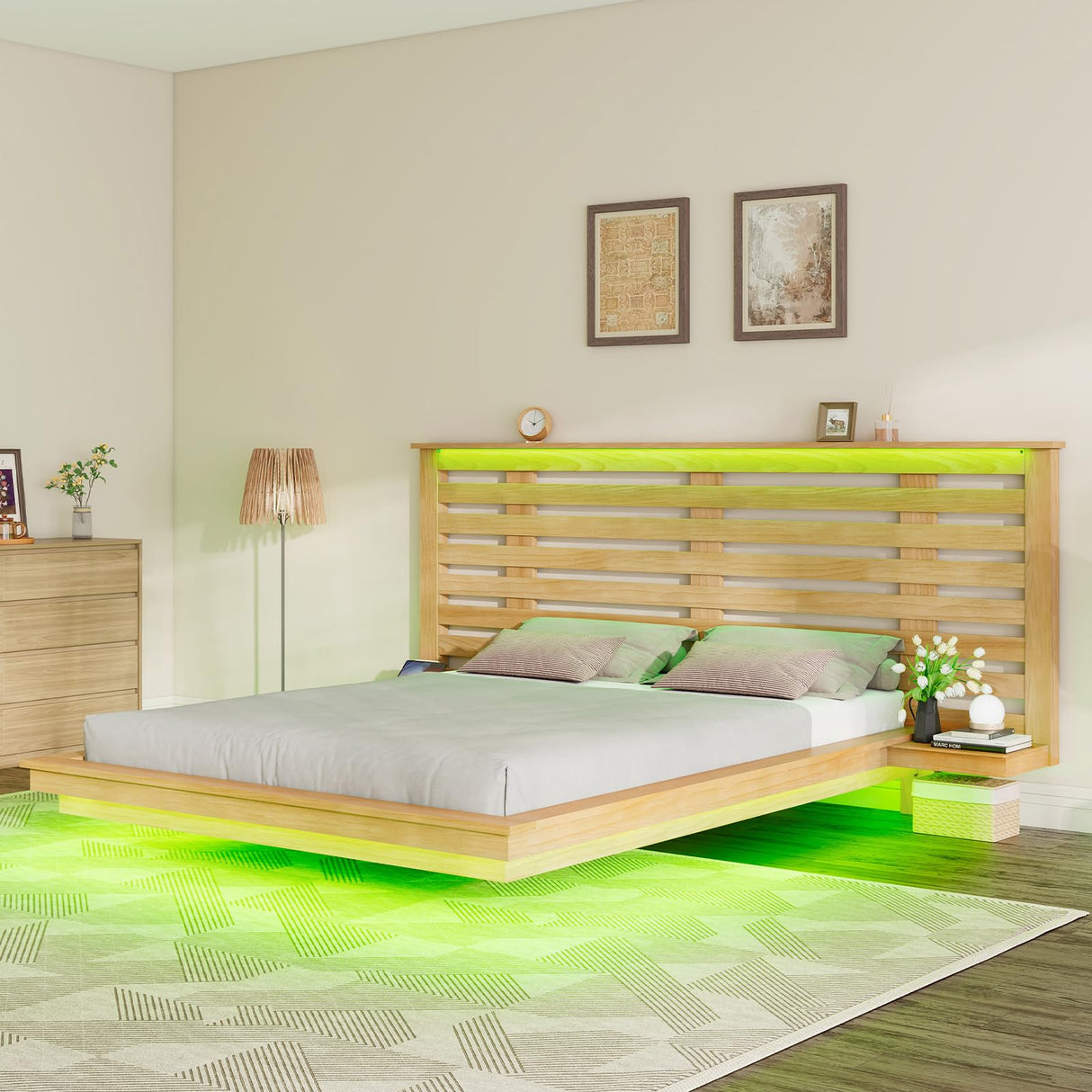 Albott Natural Oak Floating Bed Frame with Extended Headboard, LED Lights, and Integrated Charging Station Albott
