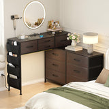 REAHOME Dresser for Bedroom with Charging Station and LED Light, 67" Rotatable Vanity Desk with LED Light and Side Pockets, Makeup Table with 10 Fabric Drawers, Modern Home Office Desks, Brown REAHOME