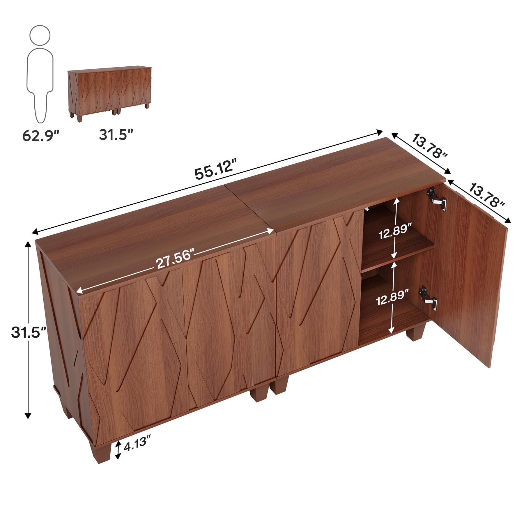 Tribesigns Sideboard Buffet Storage Cabinet Set of 2, Retro Kitchen Sideboard Cabinet with Adjustable Shelves 55" Accent Cabinet with Doors for Living Room, Walnut (Walnut) - WoodArtSupply