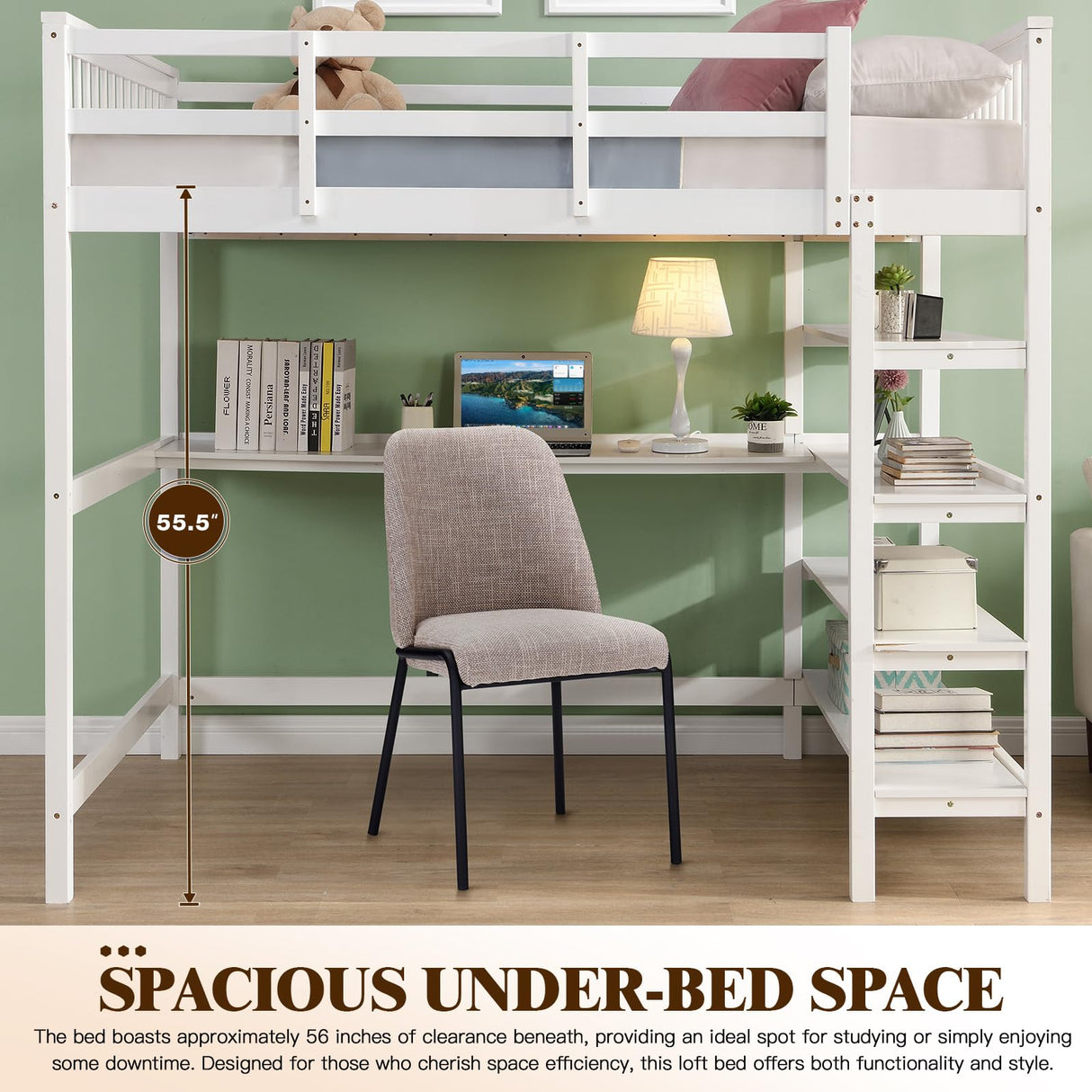 KINFFICT Space-Saving Twin Loft Bed with Integrated Desk and Bookshelves in White KINFFICT