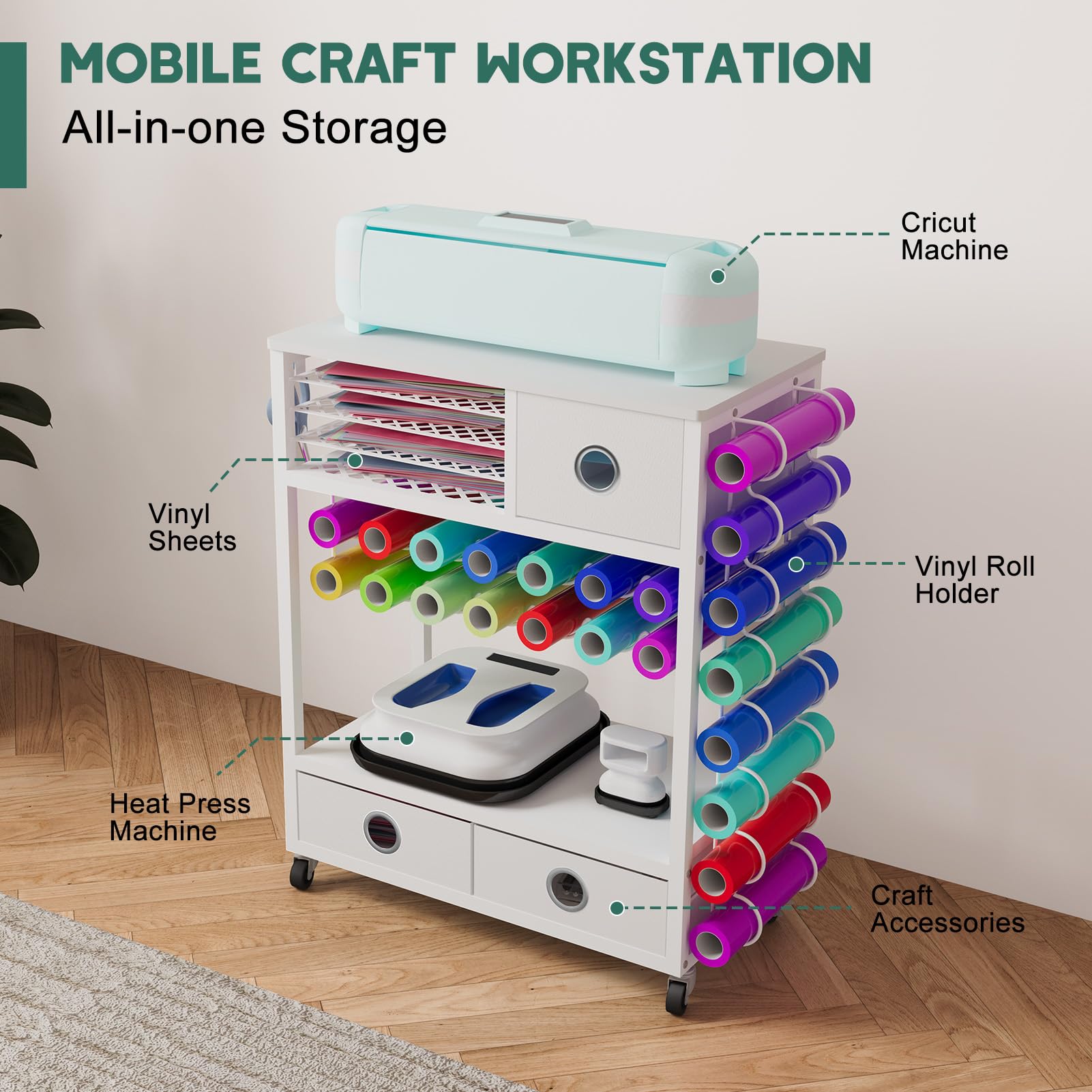 Yumkfoi Craft Cart Compatible with Cricut Machine and Vinyl Roll, Organization and Storage Cart with Drawers, Hooks and Height Adjustable Shelf, Rolling Storage Cart and Workstation for Acces - WoodArtSupply